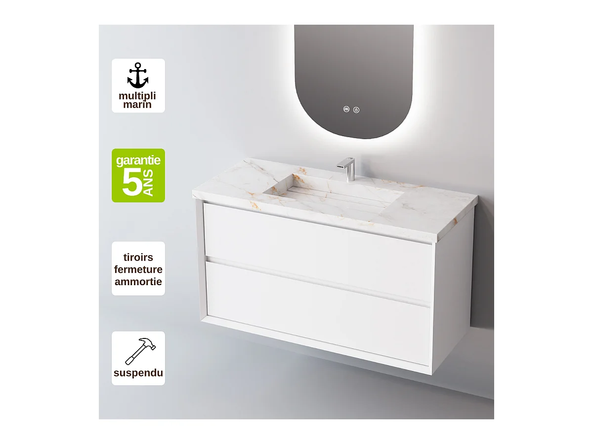 Meuble Salle de Bain COOL  (61 cm x H54 x P45 cm), Plan Vasque Grès Cérame BS, 2 Tiroirs, Laqué Blanc Mat/Noyer