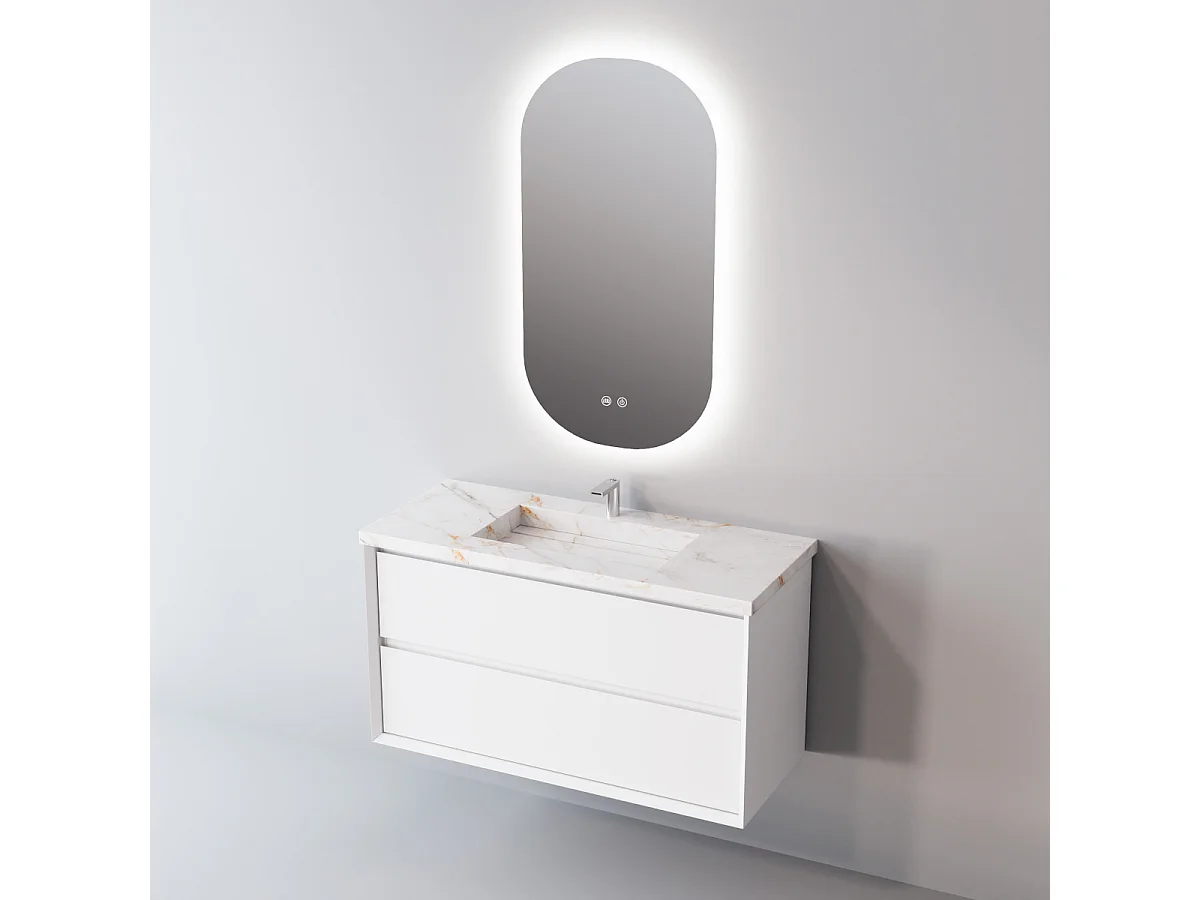 Meuble Salle de Bain COOL  (61 cm x H54 x P45 cm), Plan Vasque Grès Cérame BS, 2 Tiroirs, Laqué Blanc Mat/Noyer