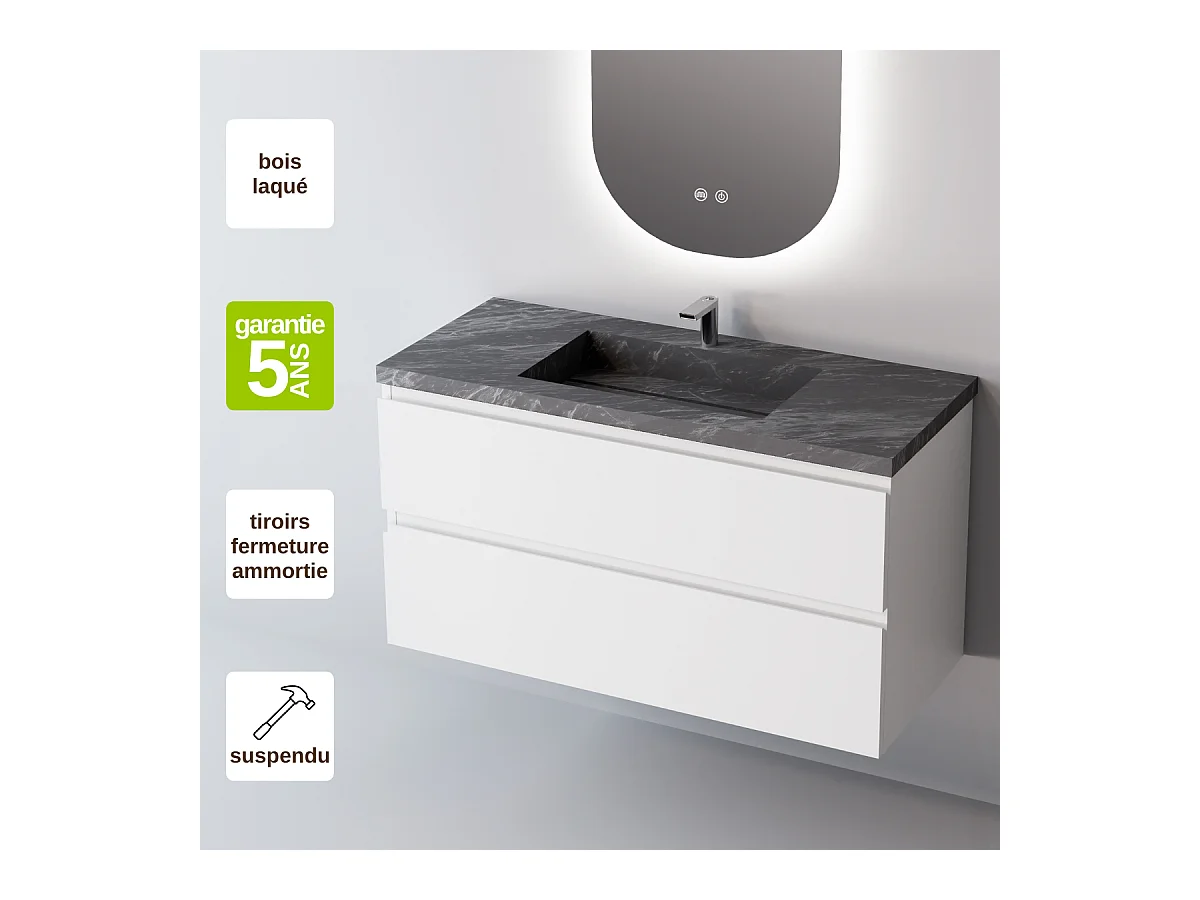 Meuble Salle de Bain STEP (81 cm x H54 x P45 cm), Plan Vasque Grès Cérame NA, 2 Tiroirs, Laqué Blanc Mat