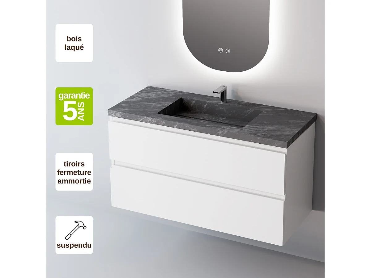 Meuble Salle de Bain STEP 80cm, Plan Vasque Grès Cérame, 2 Tiroirs, Laqué Blanc Mat, H 54cm x P 45cm