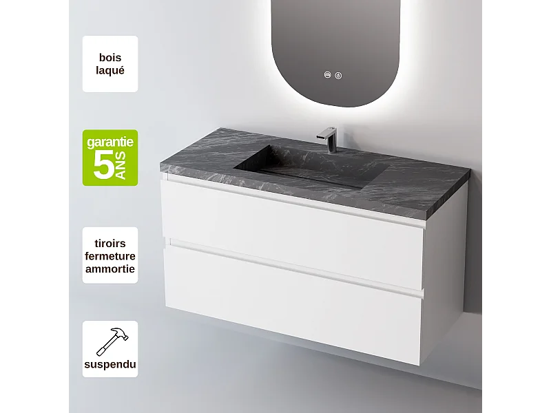 Meuble Salle de Bain STEP (81 cm x H54 x P45 cm), Plan Vasque Grès Cérame NA, 2 Tiroirs, Laqué Blanc Mat