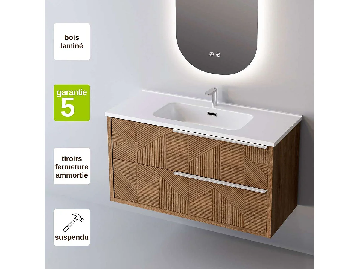 Meuble Salle de Bain REEL 100cm, Plan Vasque Solid Surface, 2 Tiroirs Impression 3D Poignée Inox Satiné, Finition Chêne Moyen, H 54cm x P 45cm
