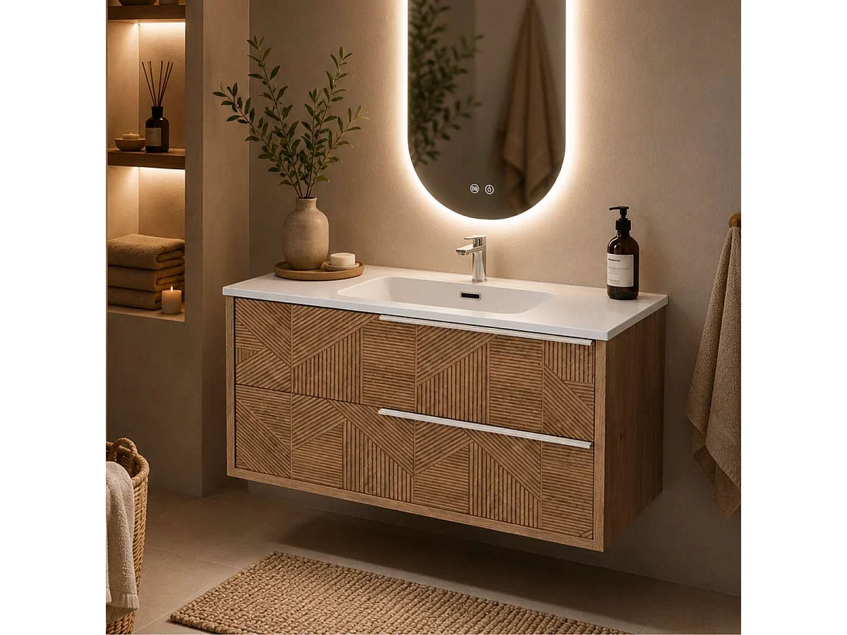 Meuble Salle de Bain REEL 100cm, Plan Vasque Solid Surface, 2 Tiroirs Impression 3D Poignée Inox Satiné, Finition Chêne Moyen, H 54cm x P 45cm