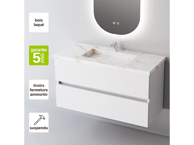 Meuble Salle de Bain ANCONA (101 cm x H54 x P45 cm), Plan Vasque Grès Cérame BS, 2 Tiroirs, Blanc Brillant