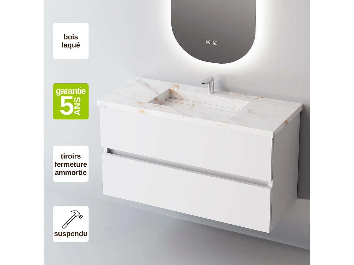 Meuble Salle de Bain ANCONA (101 cm x H54 x P45 cm), Plan Vasque Grès Cérame BS, 2 Tiroirs, Blanc Brillant