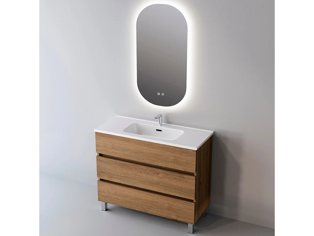 Meuble Salle de Bain ATRANI (61 cm x H90 x P45 cm), Plan Vasque Solide Surface, 3 Tiroirs, Finition Chêne Naturel