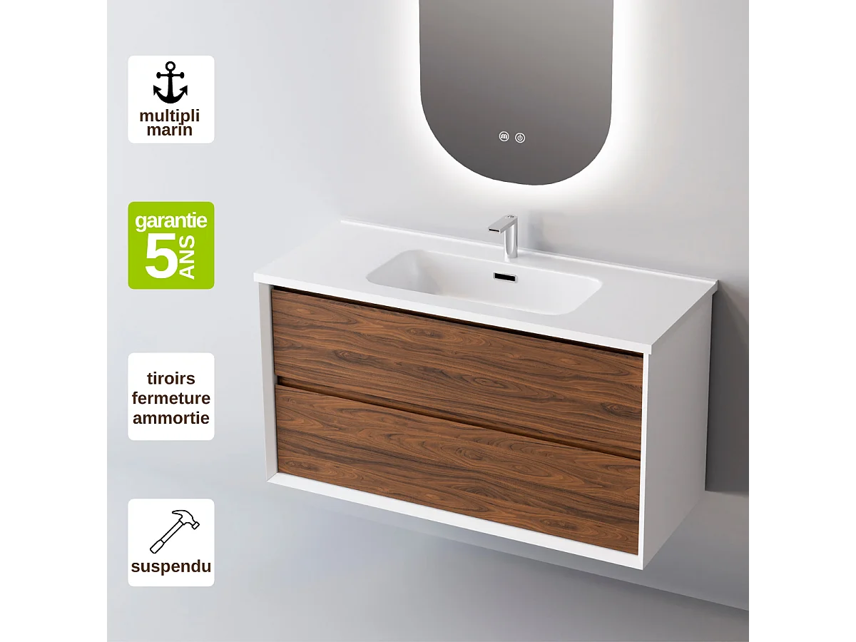 Meuble Salle de Bain COOL  (61 cm x H54 x P45 cm), Plan Vasque Céramique WB, 2 Tiroirs, Laqué Blanc Mat/Noyer