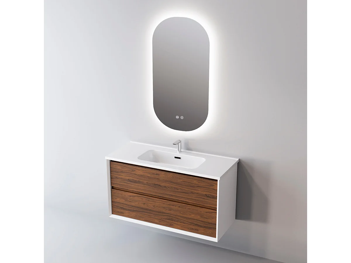 Meuble Salle de Bain COOL  (61 cm x H54 x P45 cm), Plan Vasque Céramique WB, 2 Tiroirs, Laqué Blanc Mat/Noyer