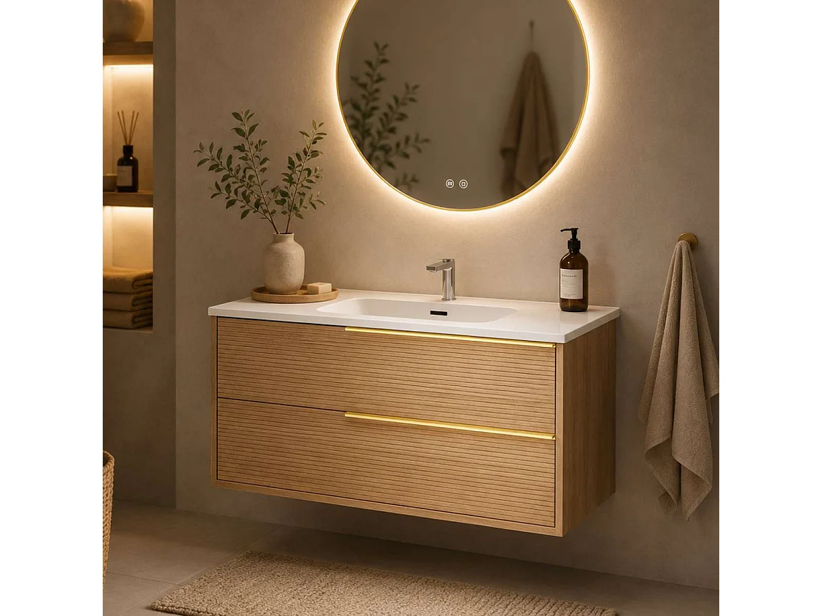 Meuble Salle de Bain LISTELLO 80cm, Plan Vasque Céramique, 2 Tiroirs Impression 3D Poignée Or, Finition Chêne Naturel, H 54cm x P 45cm