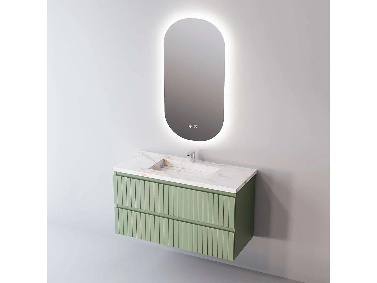 Meuble Salle de Bain GLOW (101 cm x H54 x P45 cm), Plan Vasque Grès Cérame BS, 2 Tiroirs, Laqué Vert Mint Mat