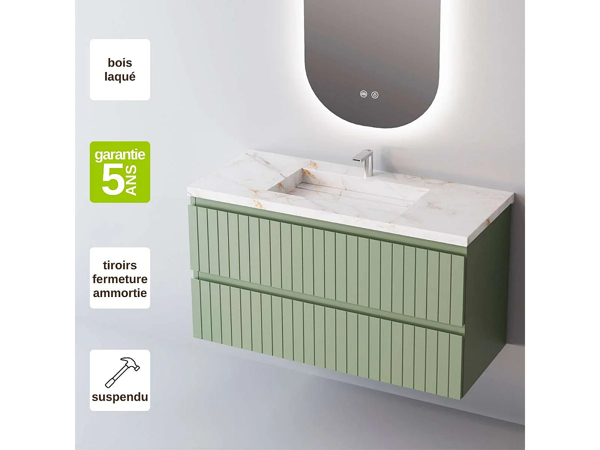 Meuble Salle de Bain GLOW (101 cm x H54 x P45 cm), Plan Vasque Grès Cérame BS, 2 Tiroirs, Laqué Vert Mint Mat