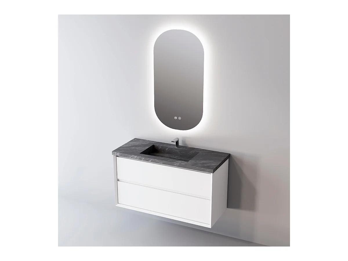 Meuble Salle de Bain COOL  (61 cm x H54 x P45 cm), Plan Vasque Grès Cérame NA, 2 Tiroirs, Laqué Blanc Mat/Noyer