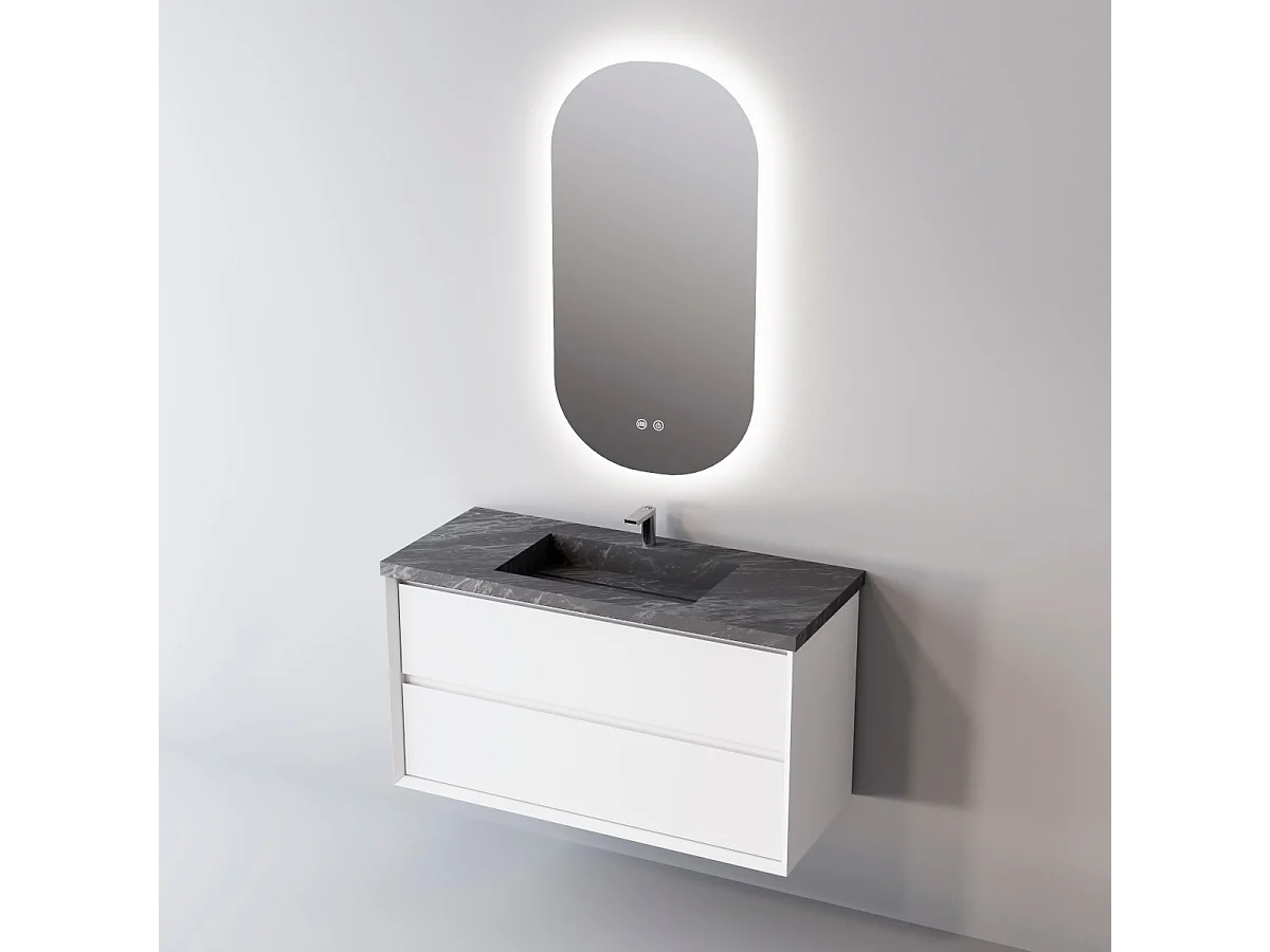 Meuble Salle de Bain COOL  (61 cm x H54 x P45 cm), Plan Vasque Grès Cérame NA, 2 Tiroirs, Laqué Blanc Mat/Noyer