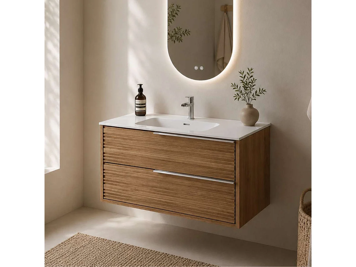 Meuble Salle de Bain BAMBOO 80cm, Plan Vasque Céramique, 2 Tiroirs Poignée Inox Satiné, Finition Chêne Naturel, H 54cm x P 45cm