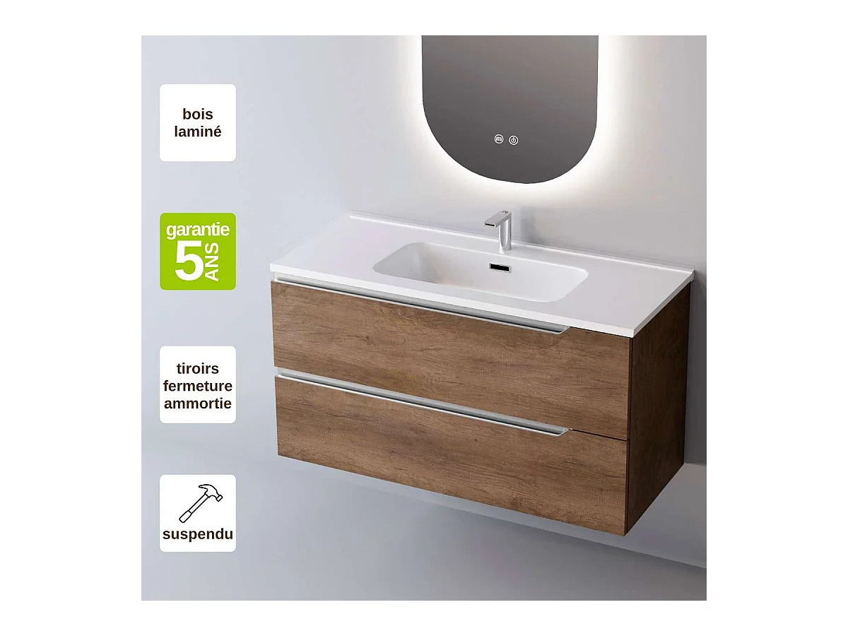Meuble Salle de Bain DUO (61 cm x H54 x P45 cm), Plan Vasque Céramique WB, 2 Tiroirs, Chêne Foncé