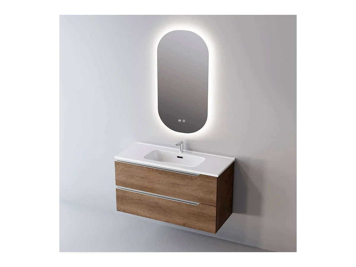 Meuble Salle de Bain DUO (61 cm x H54 x P45 cm), Plan Vasque Céramique WB, 2 Tiroirs, Chêne Foncé