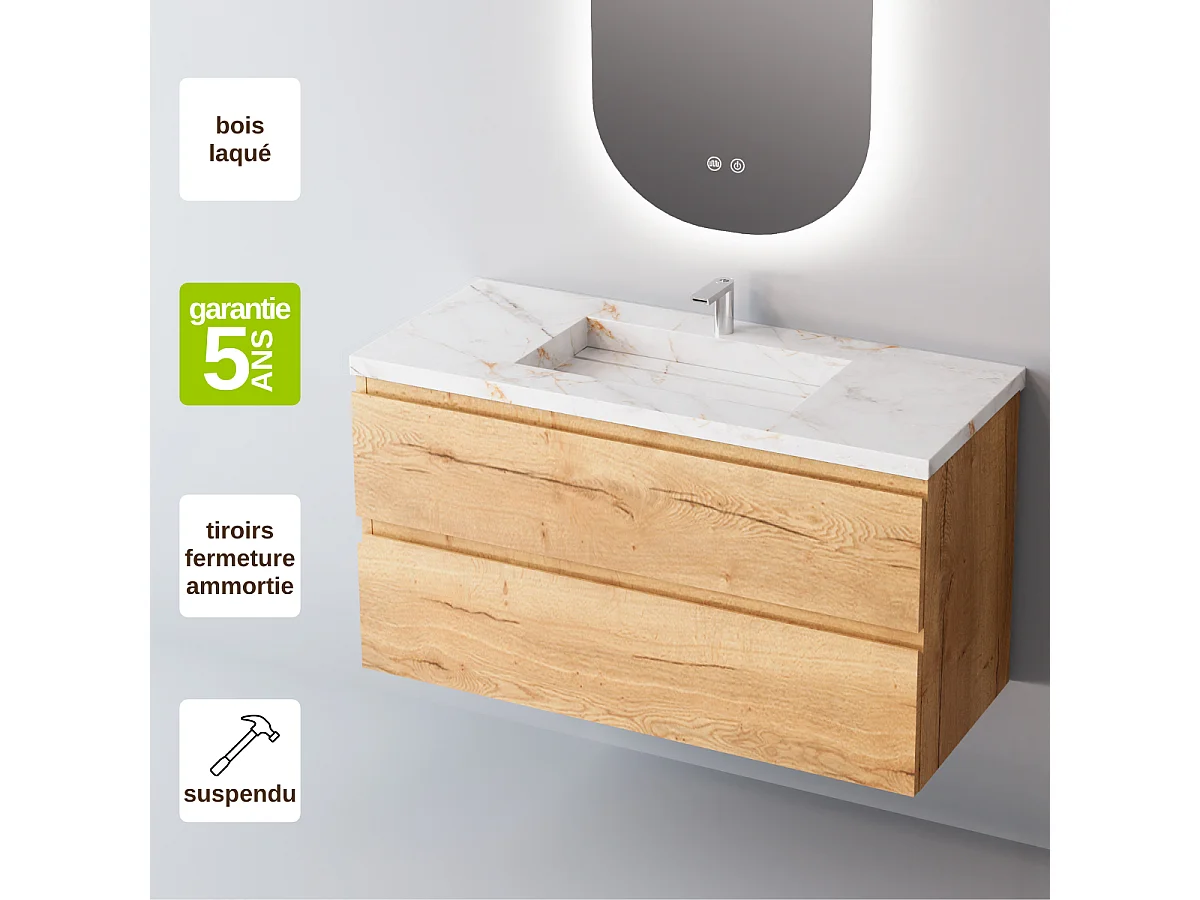 Meuble Salle de Bain STEP (81 cm x H54 x P45 cm), Plan Vasque Grès Cérame BS, 2 Tiroirs, Finition Chêne Clair