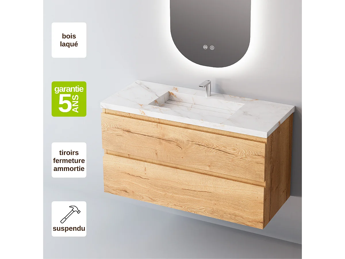 Meuble Salle de Bain STEP (81 cm x H54 x P45 cm), Plan Vasque Grès Cérame BS, 2 Tiroirs, Finition Chêne Clair