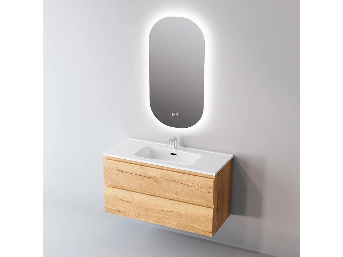 Meuble Salle de Bain STEP (81 cm x H54 x P45 cm), Plan Vasque Grès Cérame BS, 2 Tiroirs, Finition Chêne Clair