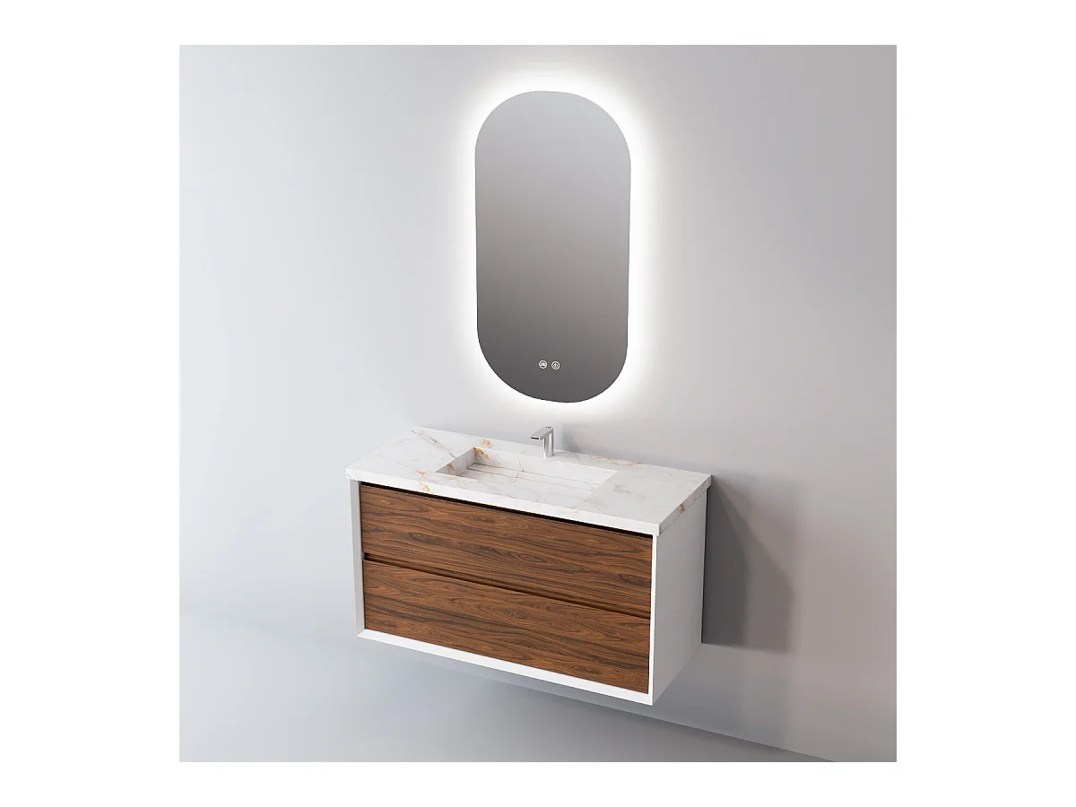 Meuble Salle de Bain COOL  (61 cm x H54 x P45 cm), Plan Vasque Grès Cérame BS, 2 Tiroirs, Laqué Blanc Mat/Noyer