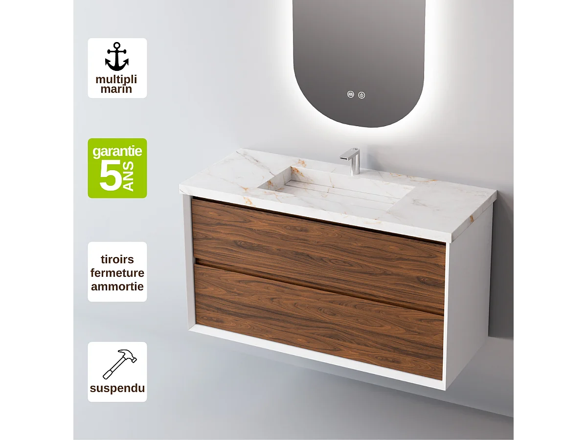 Meuble Salle de Bain COOL  (61 cm x H54 x P45 cm), Plan Vasque Grès Cérame BS, 2 Tiroirs, Laqué Blanc Mat/Noyer