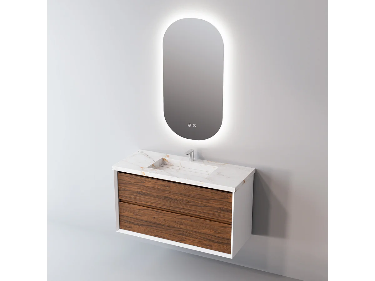 Meuble Salle de Bain COOL  (61 cm x H54 x P45 cm), Plan Vasque Grès Cérame BS, 2 Tiroirs, Laqué Blanc Mat/Noyer