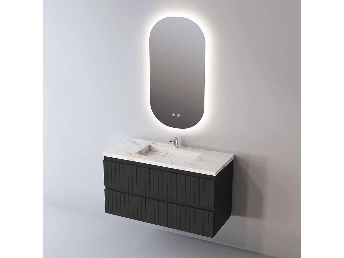 Meuble Salle de Bain GLOW (61 cm x H54 x P45 cm), Plan Vasque Grès Cérame BS, 2 Tiroirs, Laqué Noir Mat