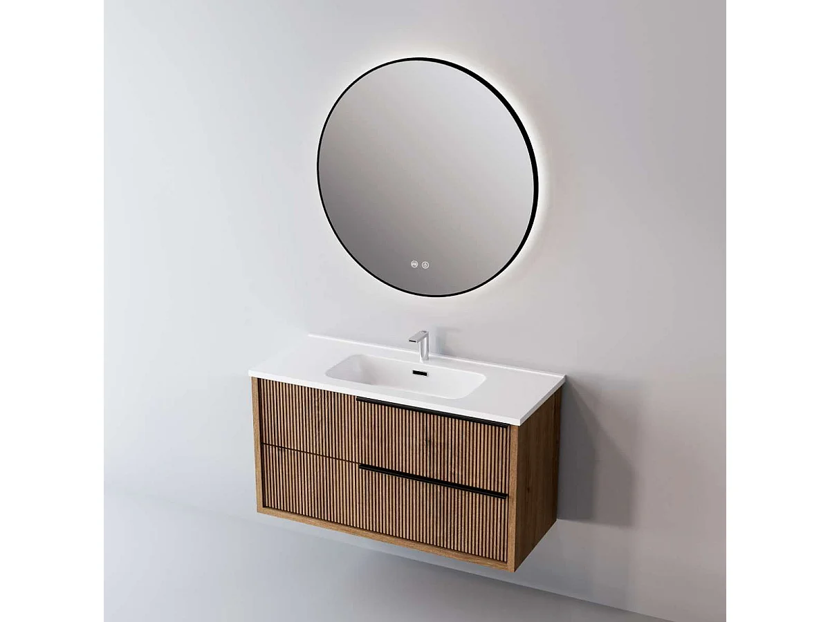 Meuble Salle de Bain TREND (81 cm x H54 x P45 cm), Plan Vasque Solide Surface, 2 Tiroirs Impression 3D Poignée Noir, Chêne Foncé