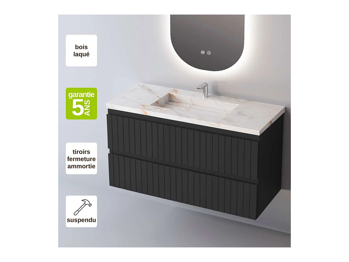 Meuble Salle de Bain GLOW (101 cm x H54 x P45 cm), Plan Vasque Grès Cérame BS, 2 Tiroirs, Laqué Noir Mat