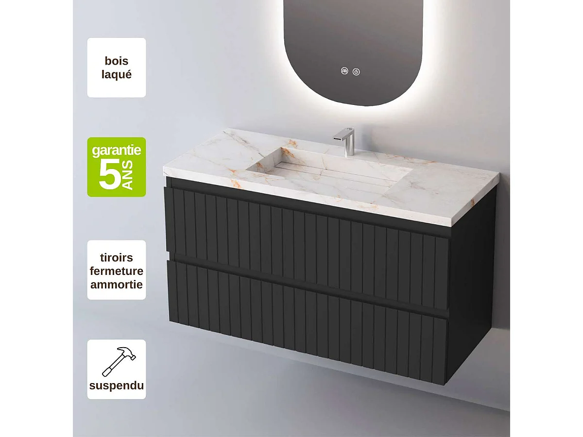 Meuble Salle de Bain GLOW (101 cm x H54 x P45 cm), Plan Vasque Grès Cérame BS, 2 Tiroirs, Laqué Noir Mat