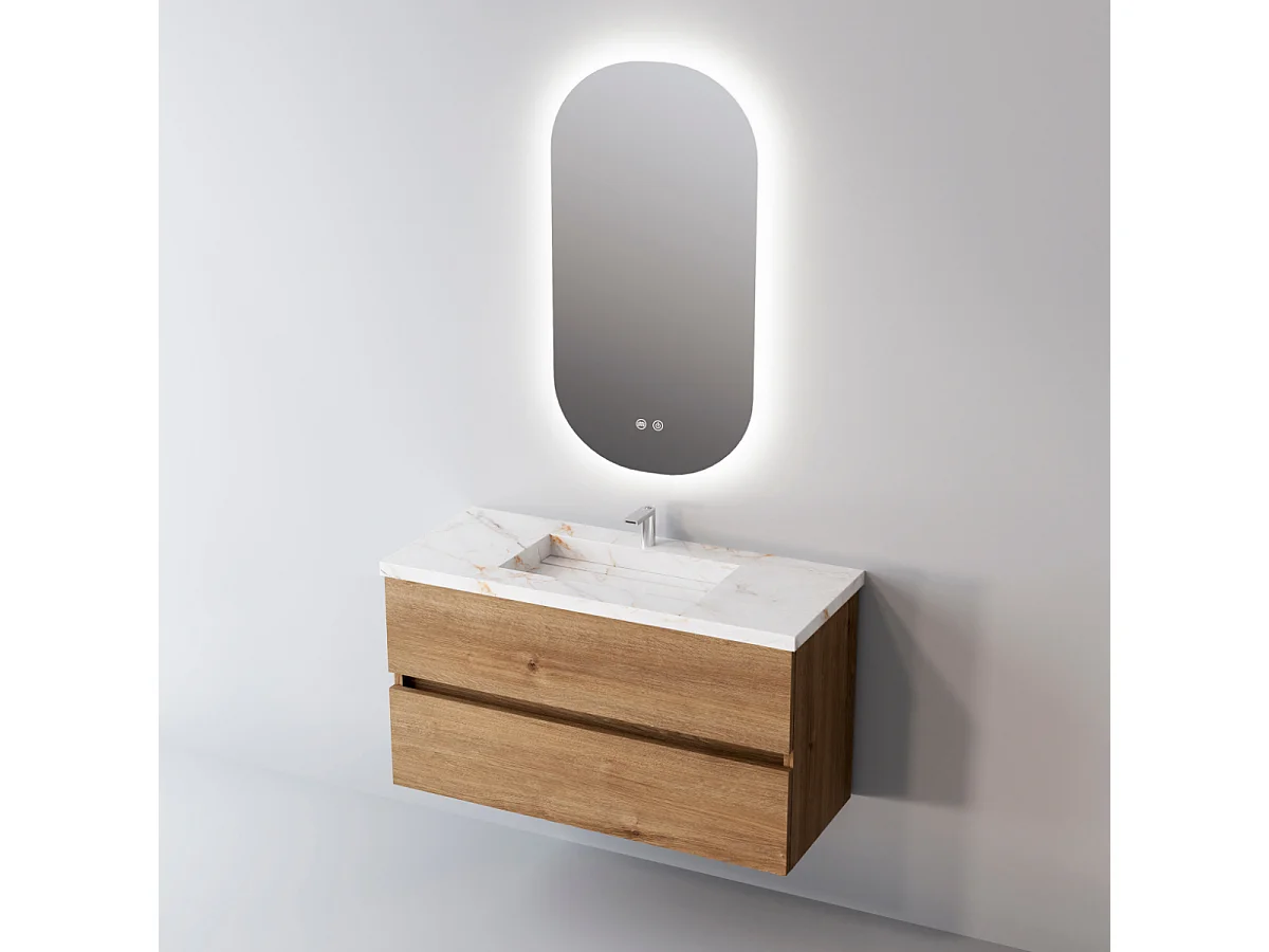 Meuble Salle de Bain ANCONA (101 cm x H54 x P45 cm), Plan Vasque Grès Cérame BS, 2 Tiroirs, Chêne Naturel