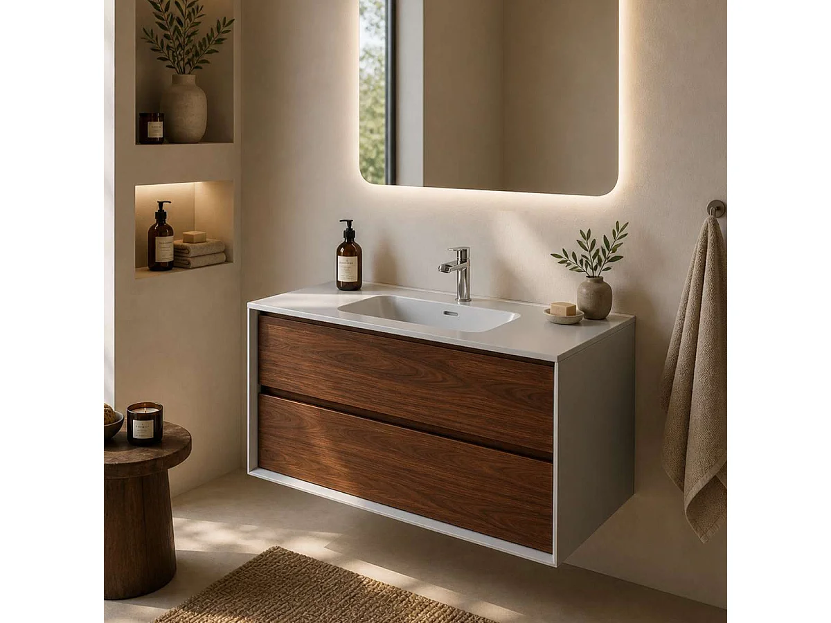 Meuble Salle de Bain COOL 80cm, Plan Vasque Solid Surface, 2 Tiroirs, Laqué Blanc Mat/Noyer, H 54cm x P 45cm