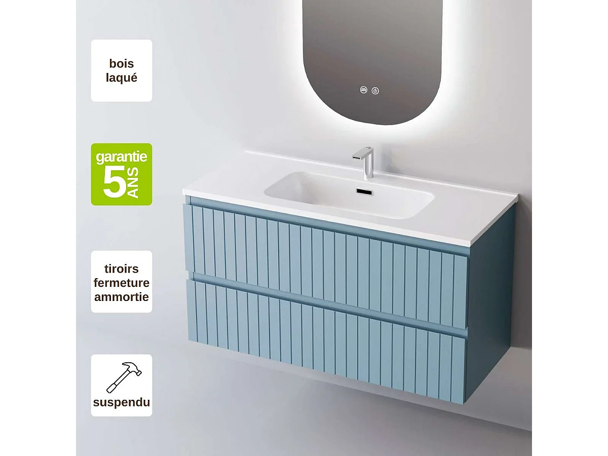 Meuble Salle de Bain GLOW (81 cm x H54 x P45 cm), Plan Vasque Céramique WB, 2 Tiroirs, Laqué Bleu Cobalt Mat