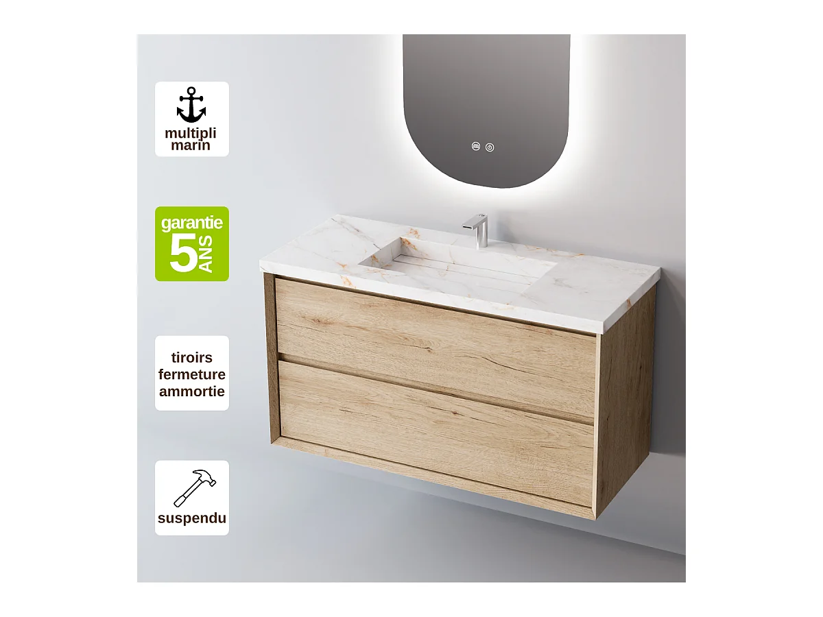 Meuble Salle de Bain COOL  (101 cm x H54 x P45 cm), Plan Vasque Grès Cérame BS, 2 Tiroirs, Chêne Naturel