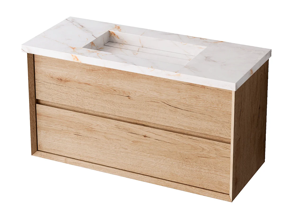 Meuble Salle de Bain COOL  (101 cm x H54 x P45 cm), Plan Vasque Grès Cérame BS, 2 Tiroirs, Chêne Naturel