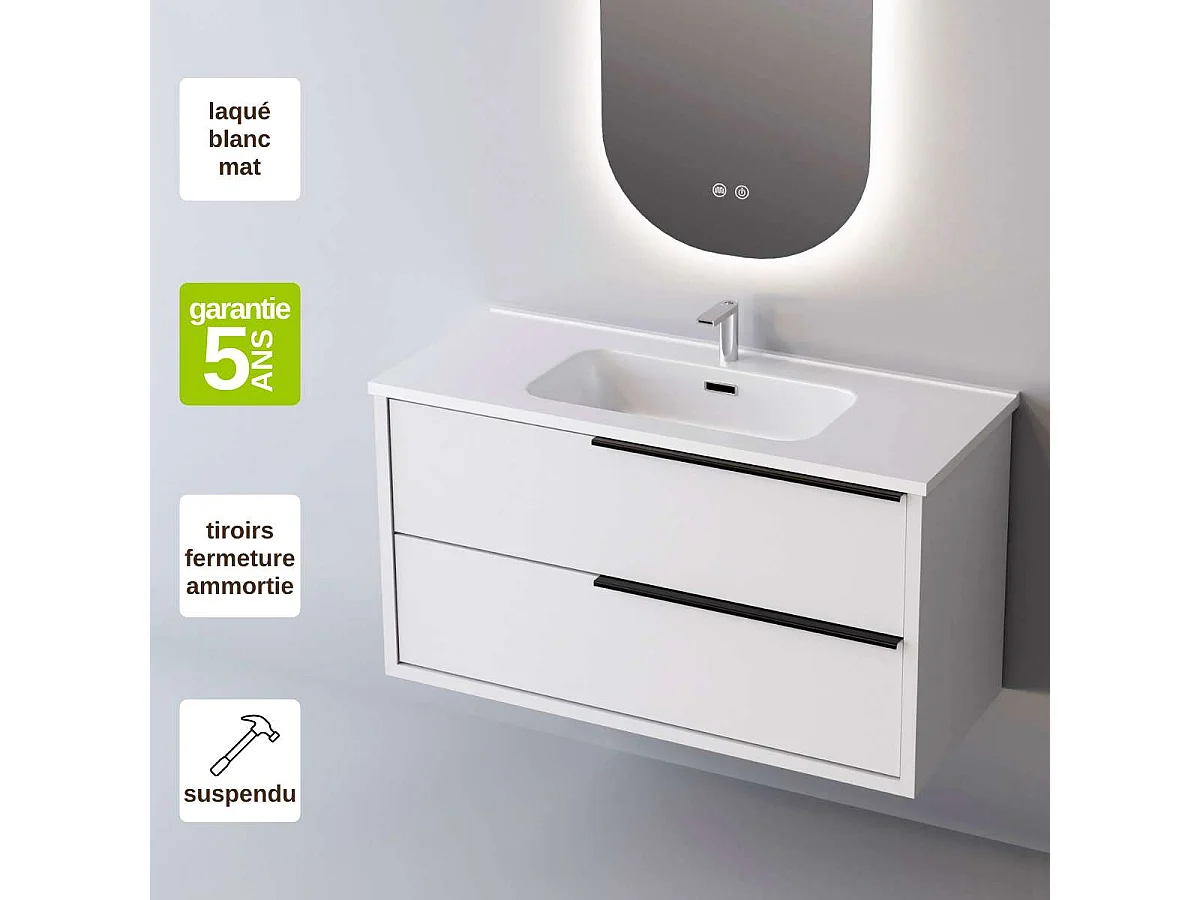 Meuble Salle de Bain LIKE 60cm, Plan Vasque Céramique, 2 Tiroirs Poignée Noir, Laqué Blanc Mat, H 54cm x P 45cm