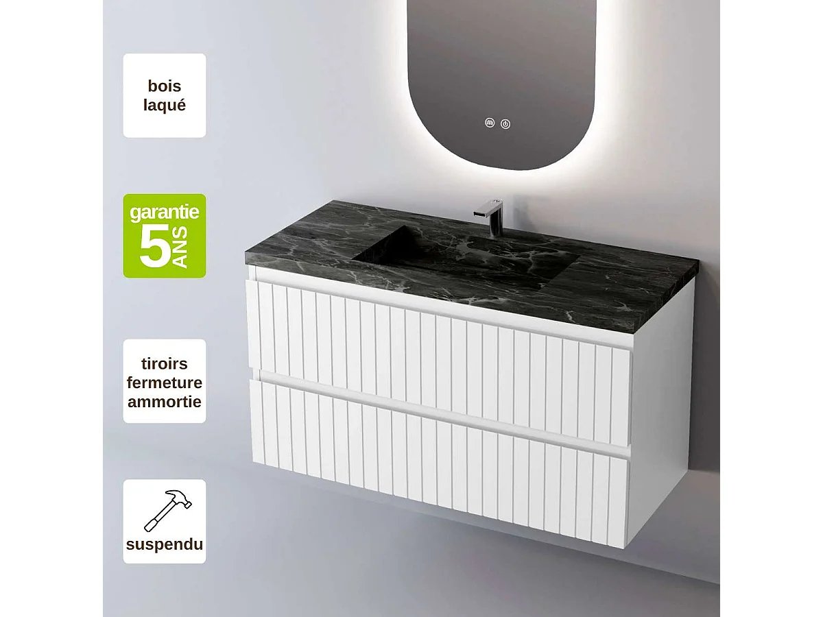 Meuble Salle de Bain GLOW (101 cm x H54 x P45 cm), Plan Vasque Grès Cérame NA, 2 Tiroirs, Laqué Blanc Mat