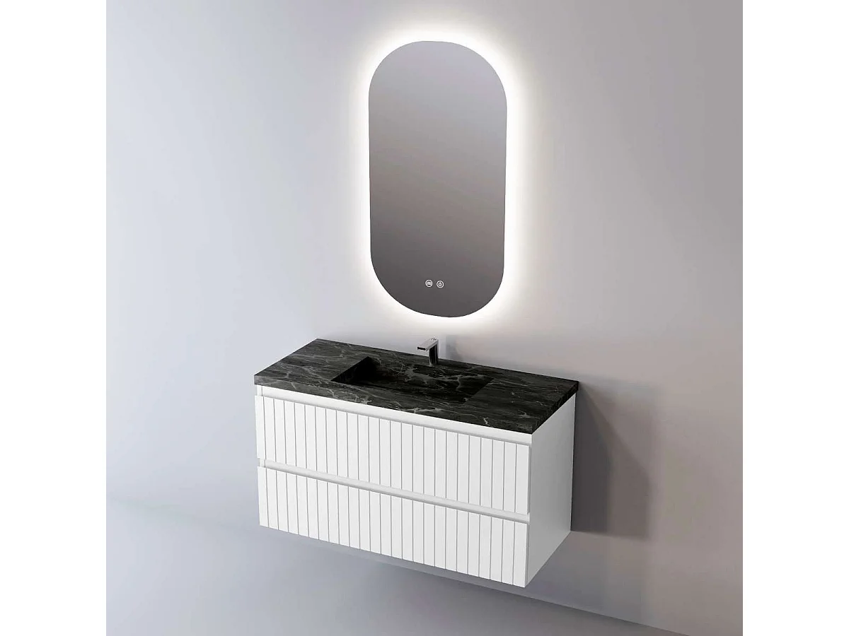 Meuble Salle de Bain GLOW (101 cm x H54 x P45 cm), Plan Vasque Grès Cérame NA, 2 Tiroirs, Laqué Blanc Mat