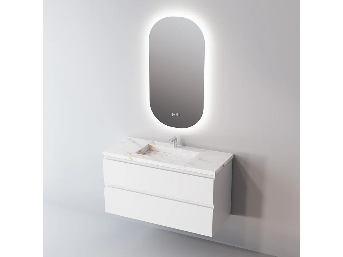 Meuble Salle de Bain STEP (81 cm x H54 x P45 cm), Plan Vasque Céramique WB, 2 Tiroirs, Finition Chêne Clair