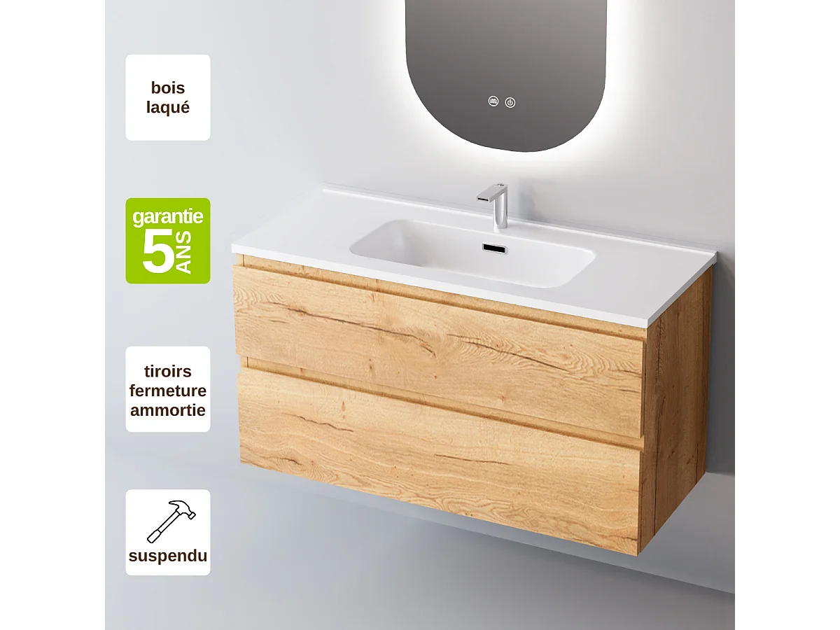 Meuble Salle de Bain STEP (81 cm x H54 x P45 cm), Plan Vasque Céramique WB, 2 Tiroirs, Finition Chêne Clair