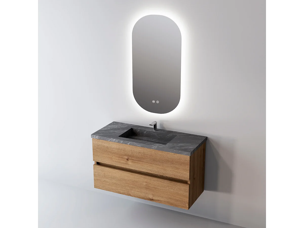 Meuble Salle de Bain ANCONA (101 cm x H54 x P45 cm), Plan Vasque Grès Cérame NA, 2 Tiroirs, Chêne Naturel