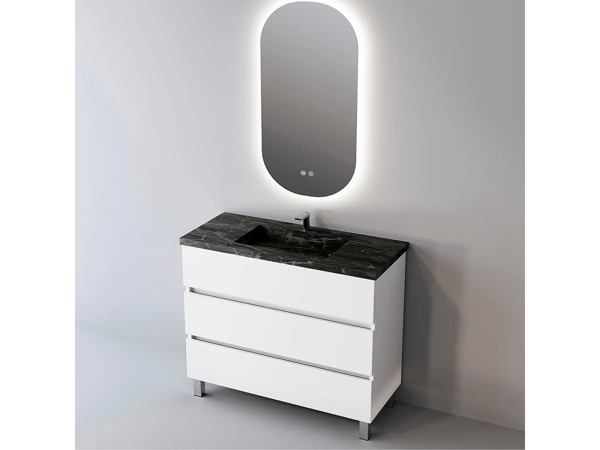 Meuble Salle de Bain ATRANI (81 cm x H90 x P45 cm), Plan Vasque Grès Cérame NA, 3 Tiroirs, Blanc Brillant