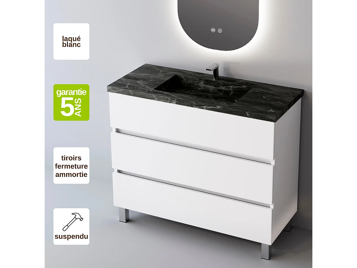 Meuble Salle de Bain ATRANI (81 cm x H90 x P45 cm), Plan Vasque Grès Cérame NA, 3 Tiroirs, Blanc Brillant