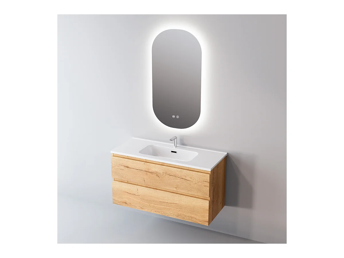 Meuble Salle de Bain STEP (61 cm x H54 x P45 cm), Plan Vasque Solide Surface, 2 Tiroirs, Laqué Blanc Mat