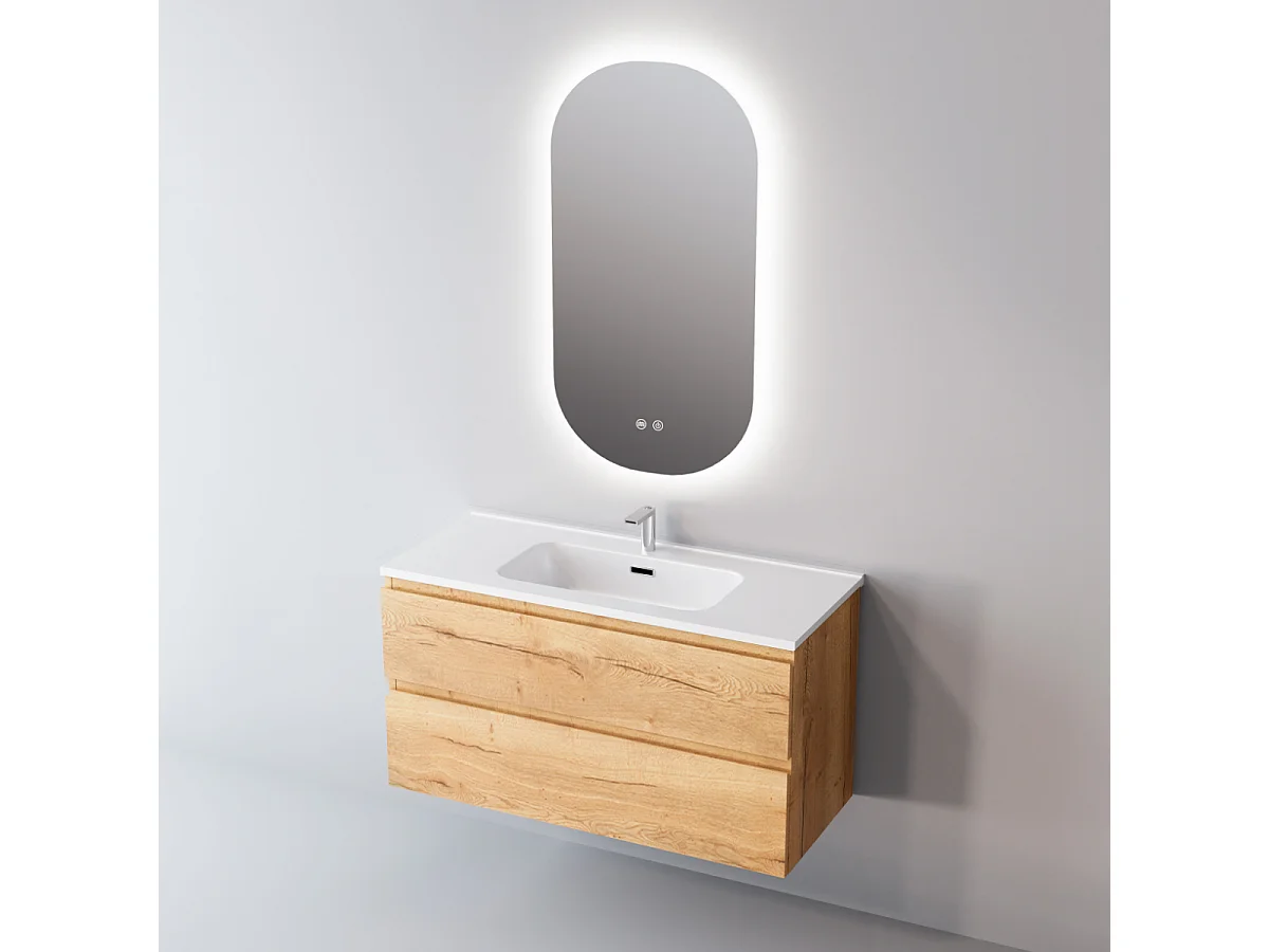 Meuble Salle de Bain STEP (61 cm x H54 x P45 cm), Plan Vasque Solide Surface, 2 Tiroirs, Laqué Blanc Mat