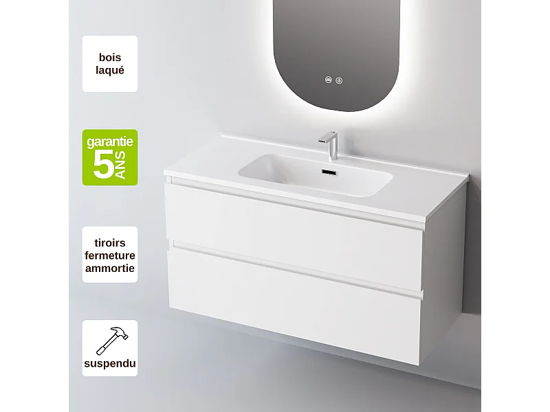 Meuble Salle de Bain STEP (61 cm x H54 x P45 cm), Plan Vasque Solide Surface, 2 Tiroirs, Laqué Blanc Mat