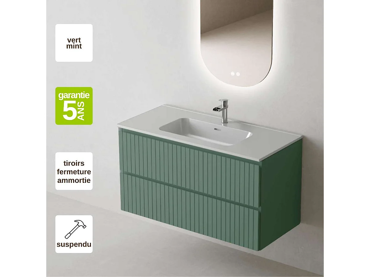 Meuble Salle de Bain GLOW 100cm, Plan Vasque Céramique, 2 Tiroirs, Laqué Vert Mint, H 54cm x P 45cm