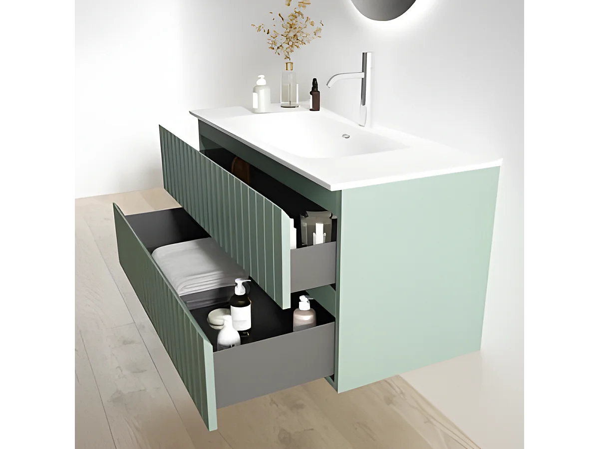 Meuble Salle de Bain GLOW (101 cm x H54 x P45 cm), Plan Vasque Céramique WB, 2 Tiroirs, Laqué Vert Mint Mat