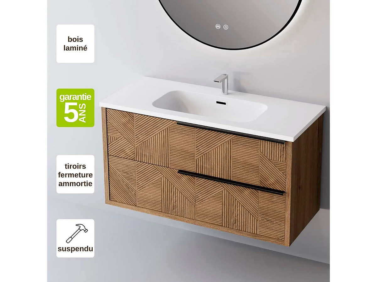 Meuble Salle de Bain REEL (81 cm x H54 x P45 cm), Plan Vasque Céramique WB, 2 Tiroirs Impression 3D Poignée Noir, Chêne Moyen
