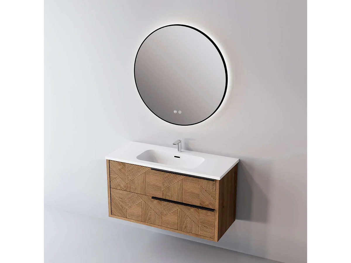 Meuble Salle de Bain REEL (81 cm x H54 x P45 cm), Plan Vasque Céramique WB, 2 Tiroirs Impression 3D Poignée Noir, Chêne Moyen